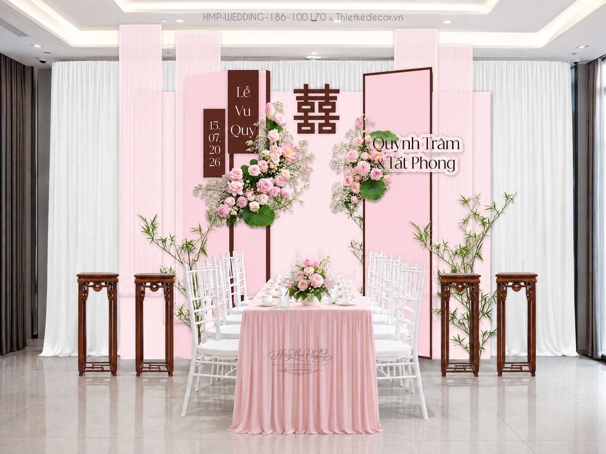 File thiết kế Gia tiên, trang trí tiệc cưới đẹp tone hồng kèm tiểu cảnh đi kèm